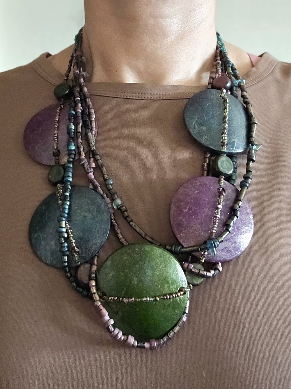 Multi-Disc Statement Necklace in Green, Purple and Teal - Layered Bead Design
